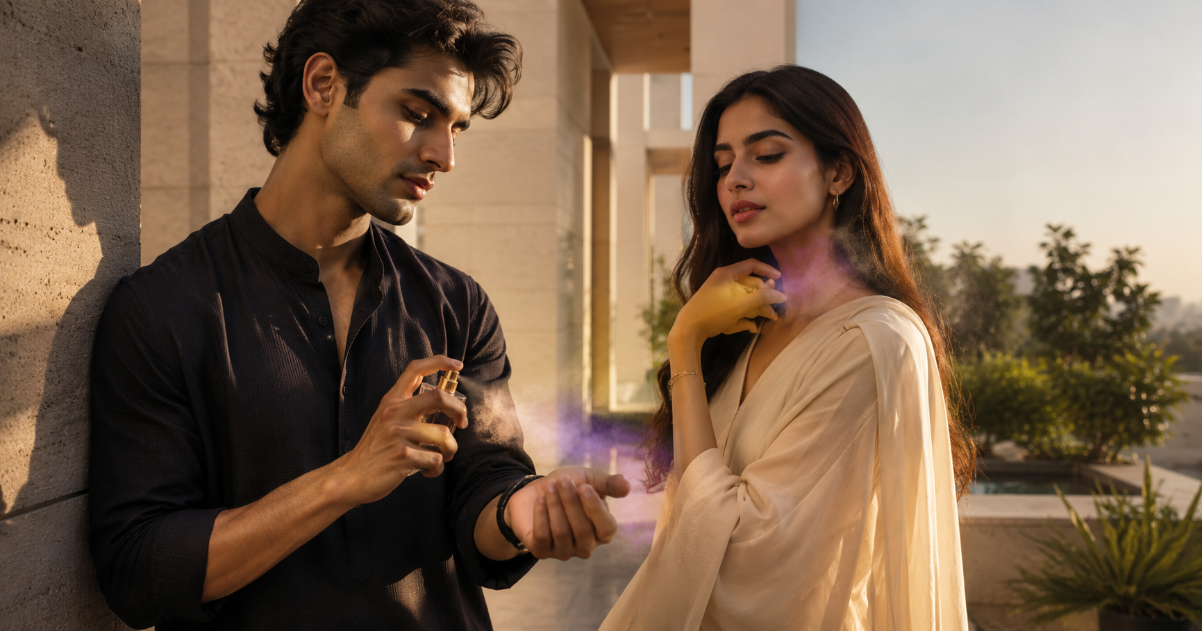 Gen Z man and woman applying perfume for longer wear in warm weather