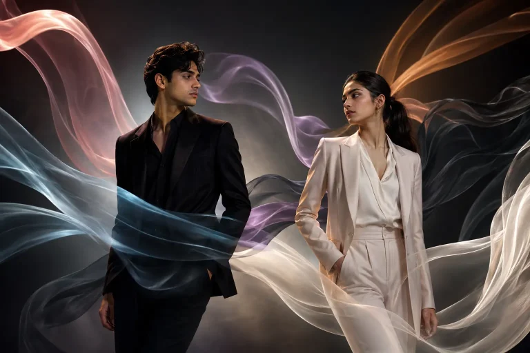 Man and woman surrounded by fragrance ribbons, illustrating how to choose a perfume based on your mood